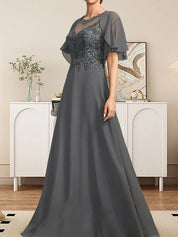 Robe de mère de la mariée trapèze en mousseline de soie et dentelle, longueur au sol, avec décolleté en V et paillettes 