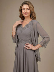 A-line V-Neck Ankle-Length Chiffon Mother of the Bride Dress With Sequins Appliques Lace Beading