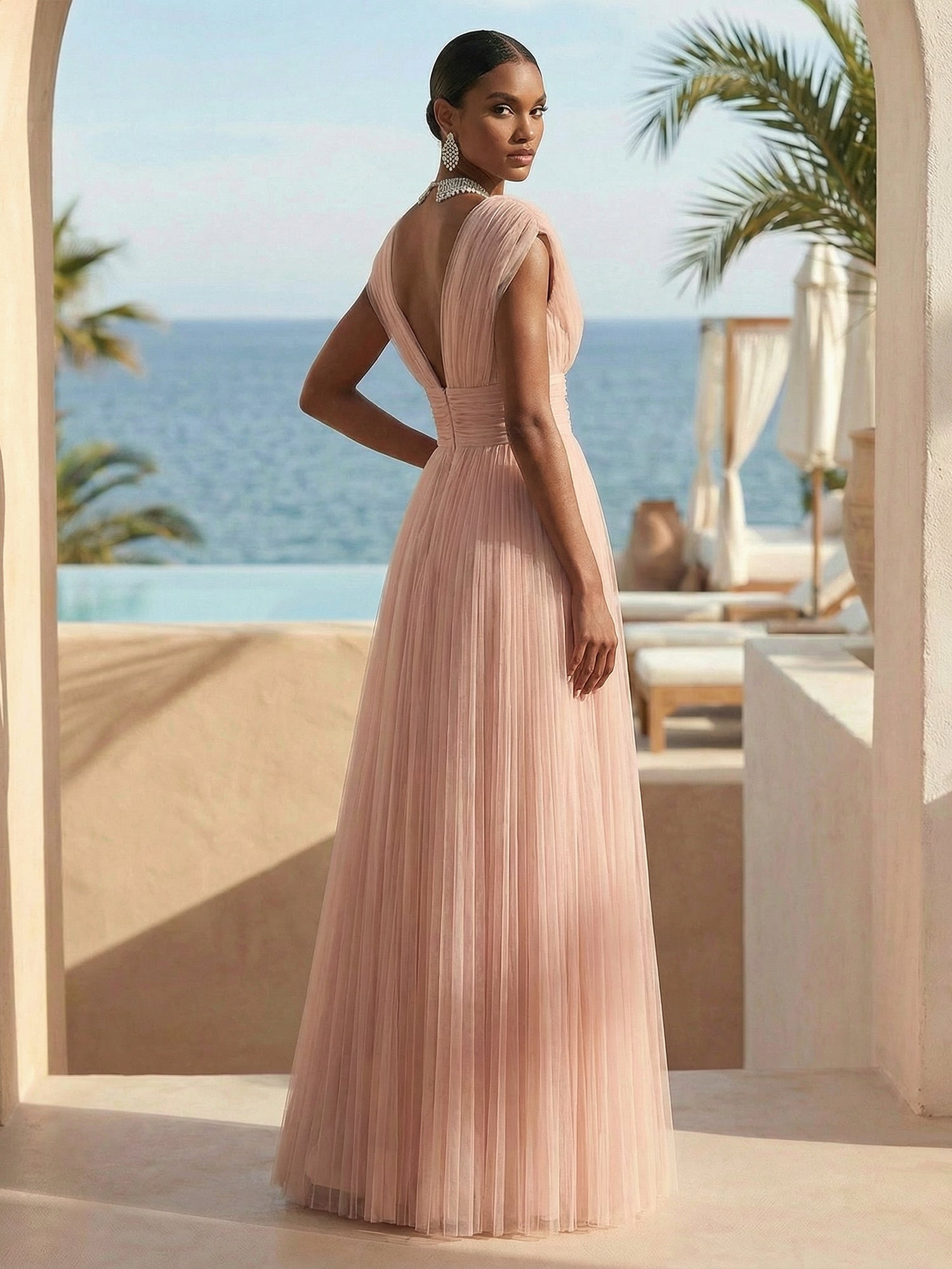Pink V Neck A Line Regular Straps Tulle Maxi Dresses for Women Backless