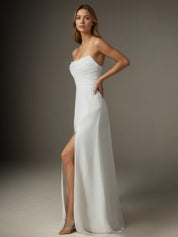White A-Line Strapless Chiffon Wedding Dress