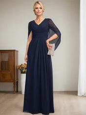 Dark Navy A-Line V-Neck Long Mother of Bride Dress