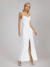 White Floral Ruched Slip Maxi Dress