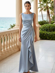 Dusty Blue Scoop Neck Evening Dress with Ruffle Mermaid Maxi Dress