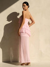 Pink Strapless Tiered Maxi Dresses for Women A Line Evening Dress