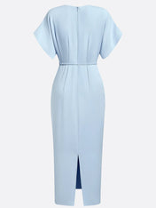 Light Blue Classic V Neck Short Sleeve Dolman Sleeve Sheath Midi Dress