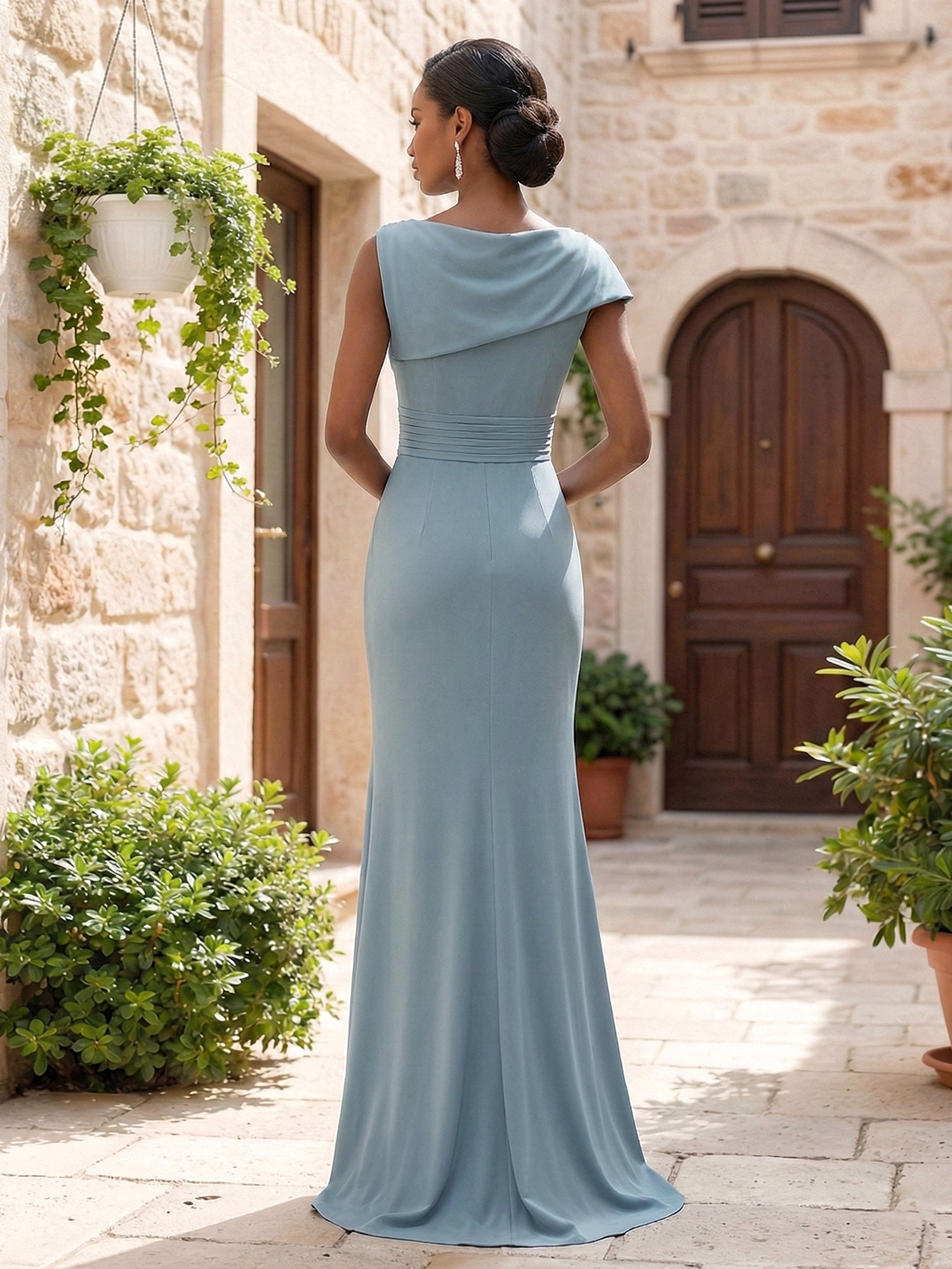 Wedding Guest Dresses Light Blue Pleated Maxi Mother of Bride Dresses