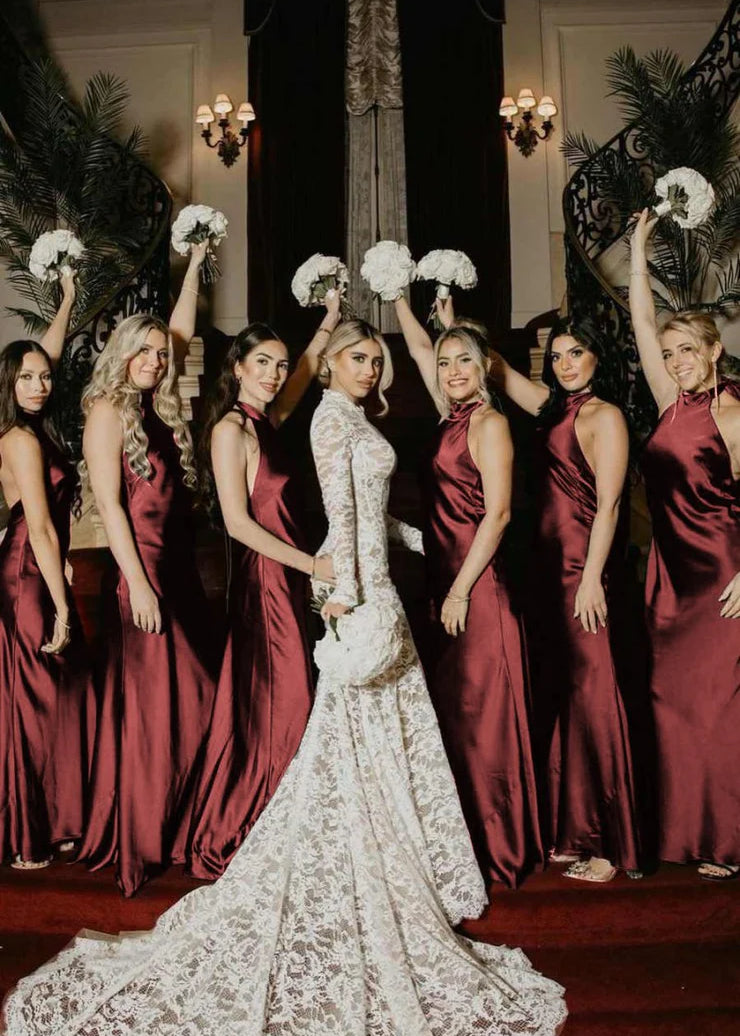 Halter Satin Pleated Mermaid Sleeveless Long Bridesmaid Dress