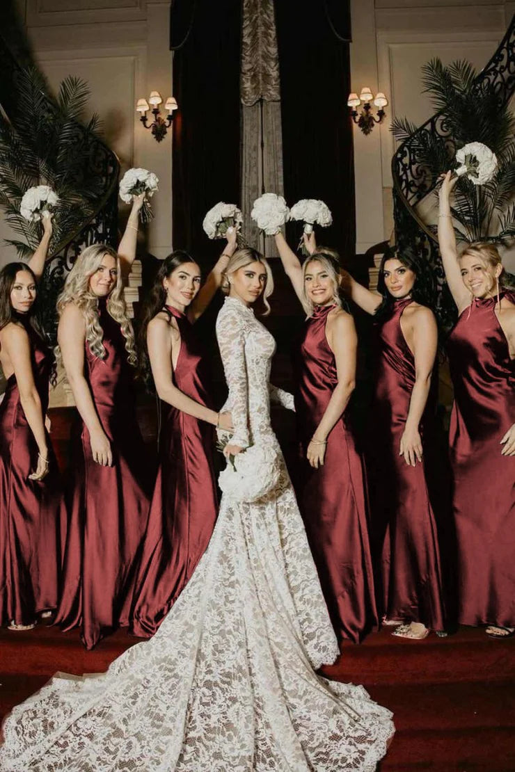 Halter Satin Pleated Mermaid Sleeveless Long Bridesmaid Dress