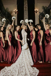 Halter Satin Pleated Mermaid Sleeveless Long Bridesmaid Dress