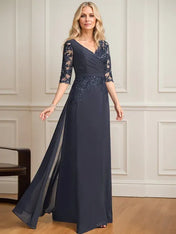 A-line V-Neck Floor-Length Lace Chiffon Mother of the Bride Dress With Pleated Sequins