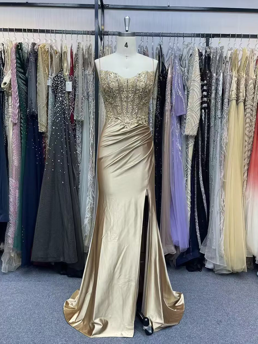 Gold Satin Beaded Bodice Corset Prom Dress with Slit
