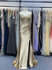 Gold Satin Beaded Bodice Corset Prom Dress with Slit