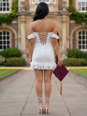 Flutter Sleeve Ruched Mini Dress with Ruffle Hem Homecoming Dresses