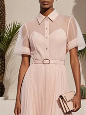 Pink Pleated Classic Shirt Collar Short Sleeve A-Line Midi Dress