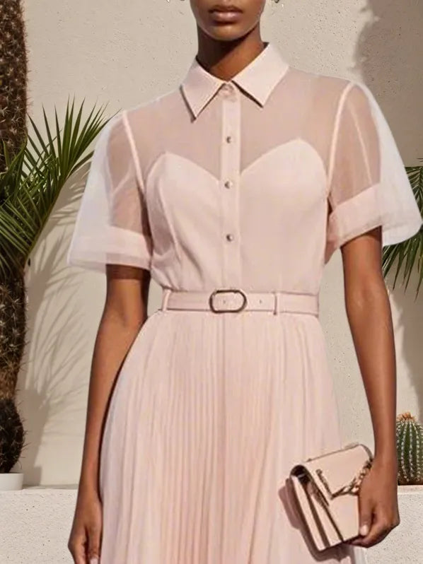 Pink Pleated Classic Shirt Collar Short Sleeve A-Line Midi Dress