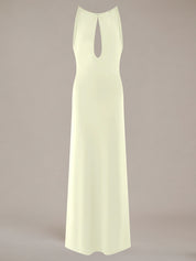 Ivory Chiffon Halter Neck Sleeveless Floor Length Pleated Bridesmaid Dress