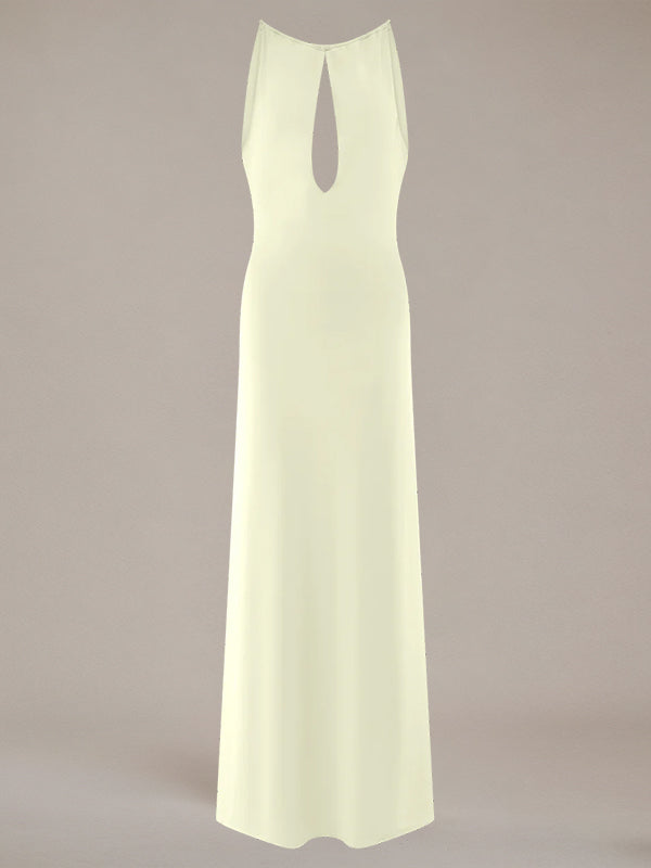 Ivory Chiffon Halter Neck Sleeveless Floor Length Pleated Bridesmaid Dress