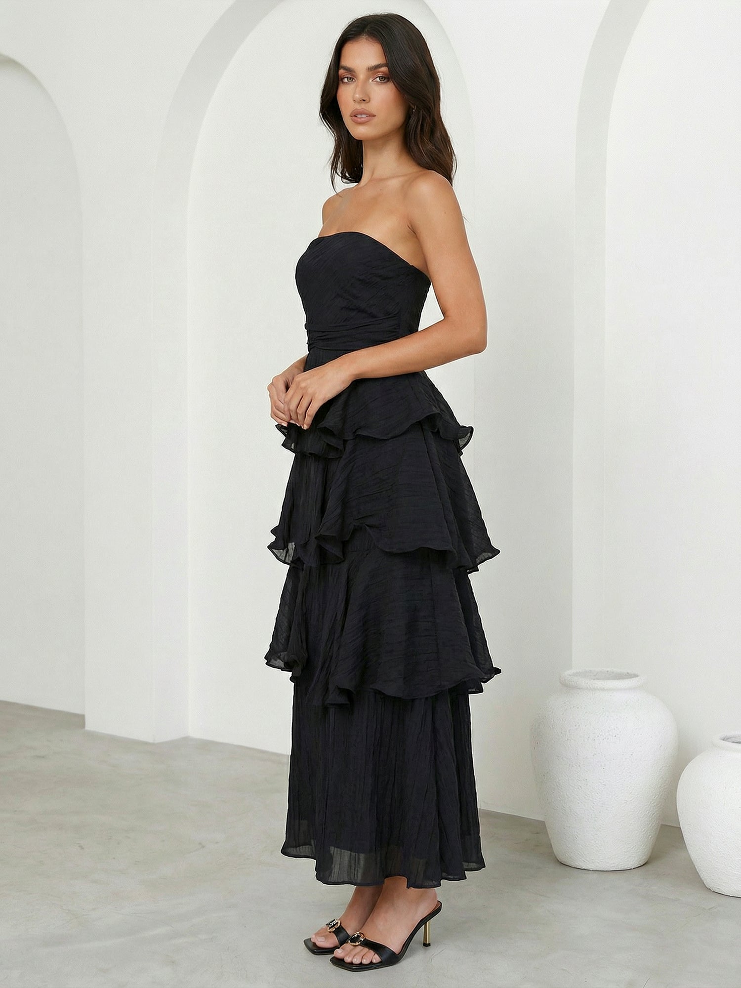 Black Strapless Tiered Maxi Dress Ankle Length