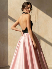 V Neck Satin Maxi Dresses for Women A Line Backless Evening Dress