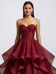 Burgundy A Line Strapless Wrinkles Long Formal Evening Dress