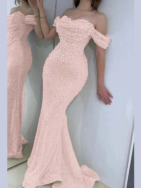 Champagne Pearl Sequin Off-the-Shoulder Mermaid Prom Dress