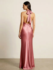Halter Neck Satin Maxi Dresses Mermaid Backless Formal Dress