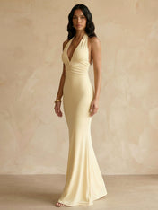 Yellow Halter Neck Maxi Dresses with Pleat Mermaid Evening Dress
