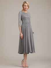 A-line Scoop Tea-Length Lace Chiffon Mother of the Bride Dress