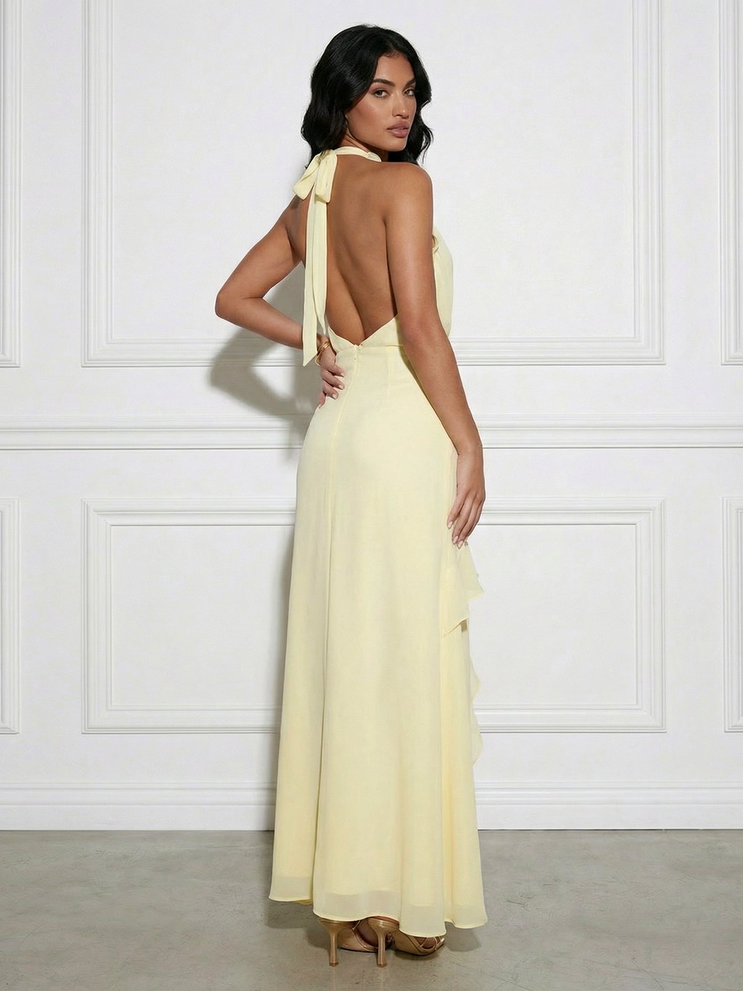 Yellow V Neck Mermaid Chiffon Maxi Dress with Ruffle
