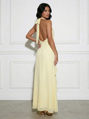 Yellow V Neck Mermaid Chiffon Maxi Dress with Ruffle