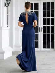 Navy Blue O Neck Short Sleeves Mermaid Satin Evening Dress with Beads