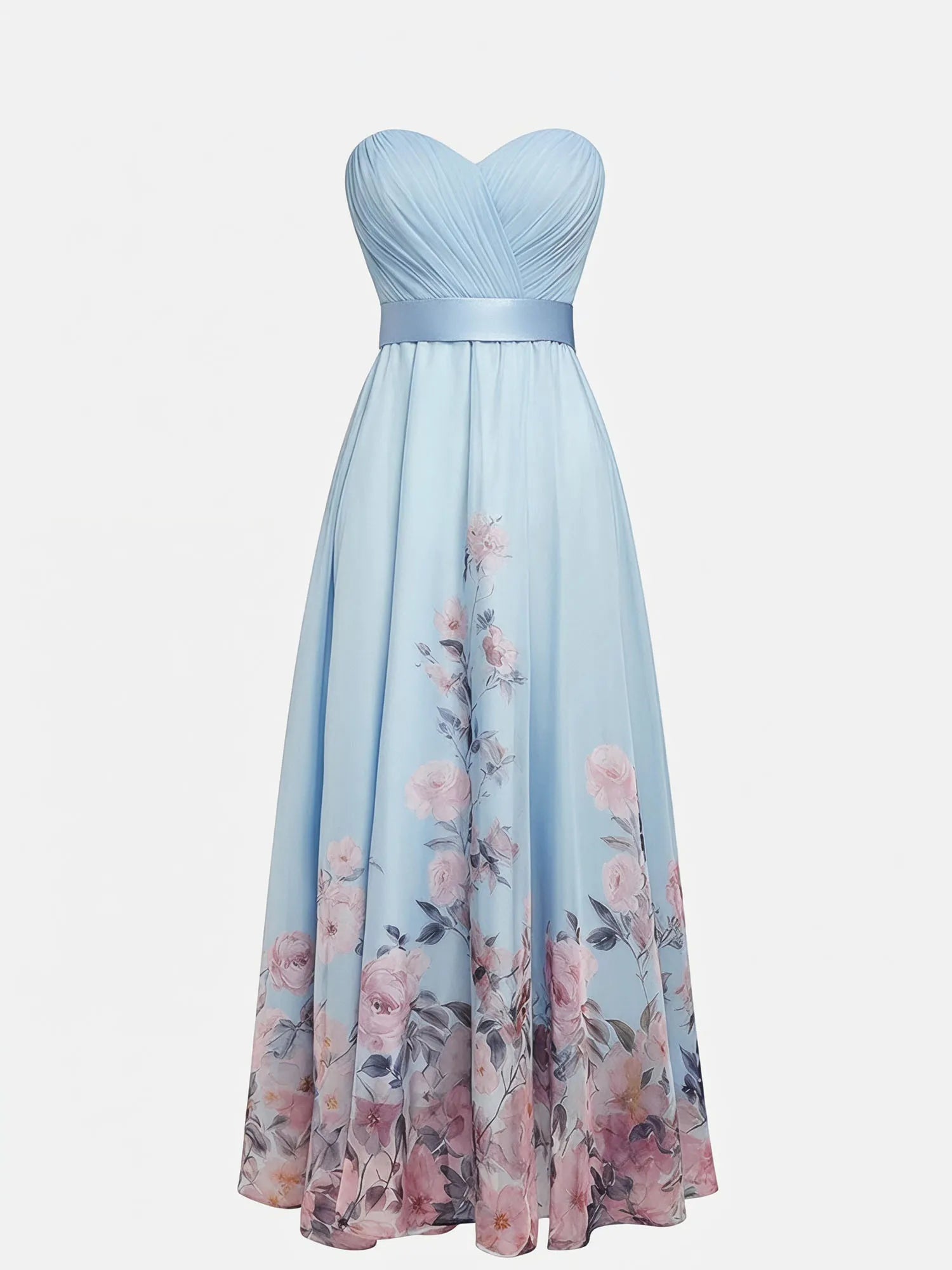 Strapless Sweetheart Neckline Floral Print Chiffon Evening Gown with Ruched Waist