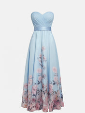 Strapless Sweetheart Neckline Floral Print Chiffon Evening Gown with Ruched Waist