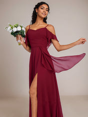 Burgundy A-Line Spaghetti Straps Floor-Length Chiffon Bridesmaid Dress With Ruffle