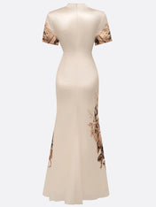 Beige Satin Floral Deep V Neck Short Sleeve Mermaid Gown Dress