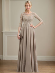 A-line Scoop Illusion Floor-Length Lace Chiffon Mother of the Bride Dress With Sequins
