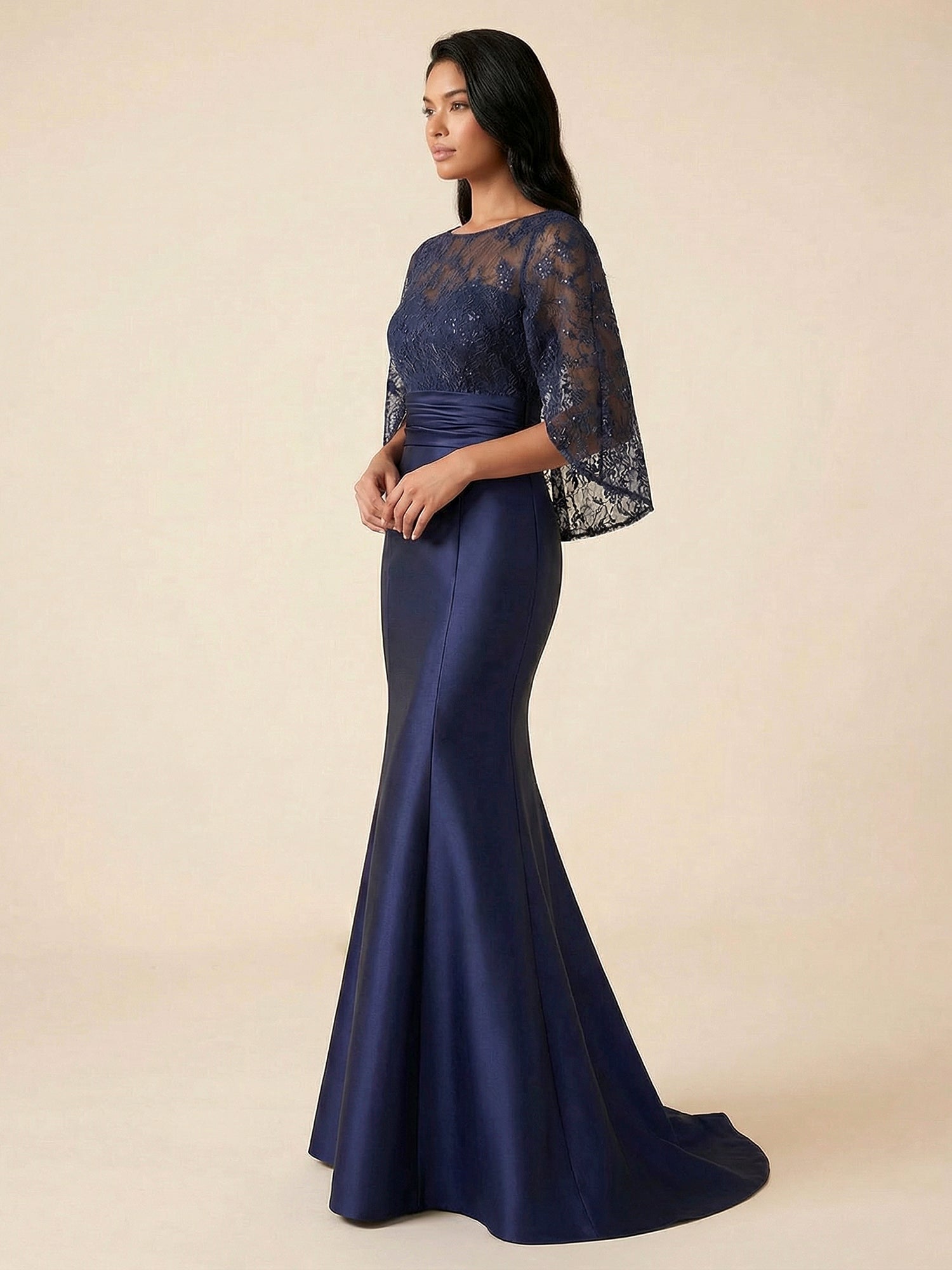 Navy Blue Flutter Sleeves Mermaid Evening Gown with Lace Capelet