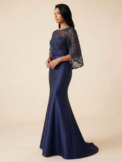 Navy Blue Flutter Sleeves Mermaid Evening Gown with Lace Capelet
