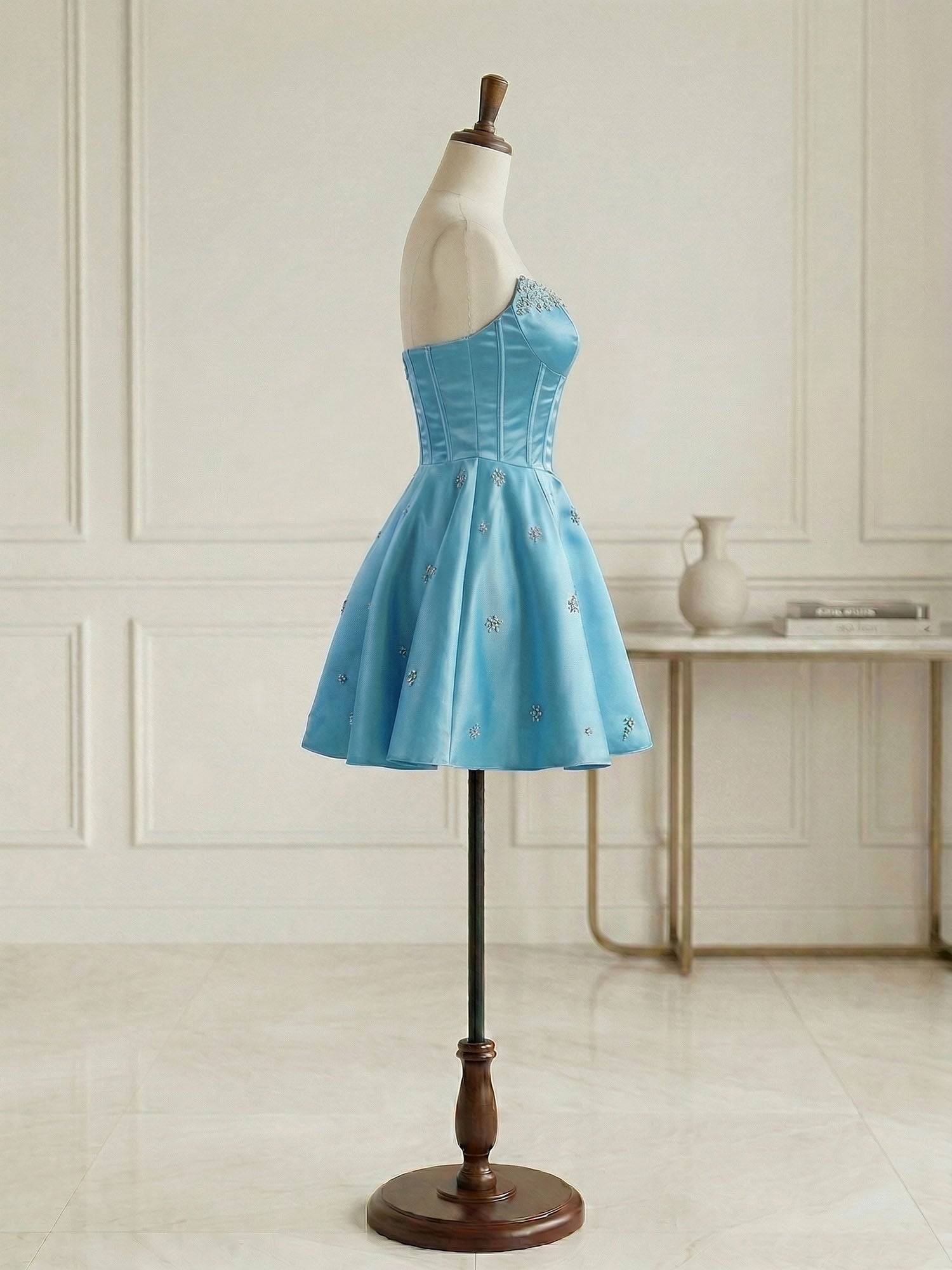 Sparkly Satin A Line Short Corset Homecoming Dress with Rhinestones