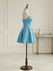 Sparkly Satin A Line Short Corset Homecoming Dress with Rhinestones