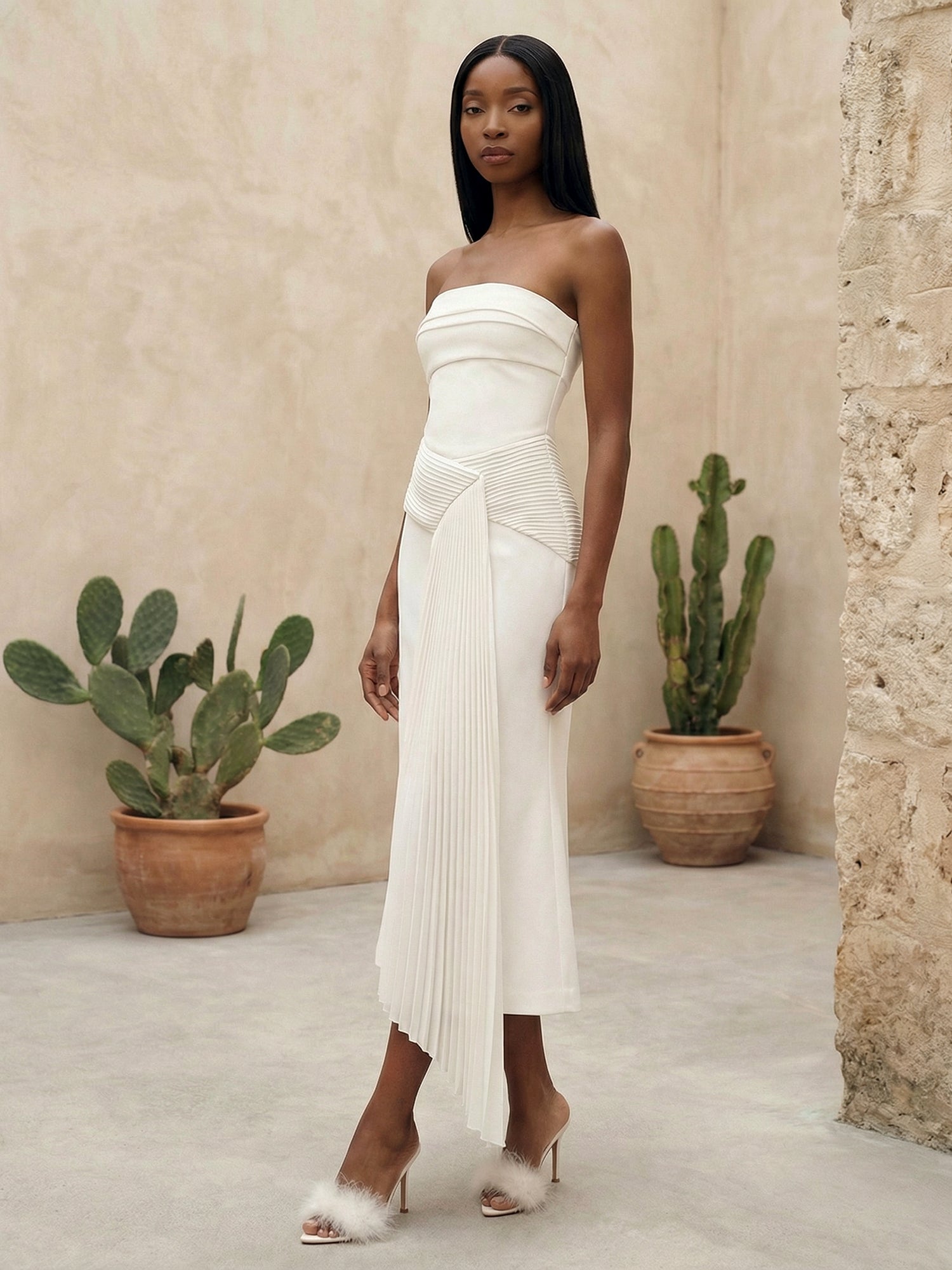 White Strapless Mermaid Satin Evening Dress with Pleat