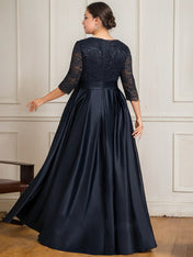 A-line V-Neck Floor-Length Satin Lace Mother of the Bride Dress With Sequins Bow