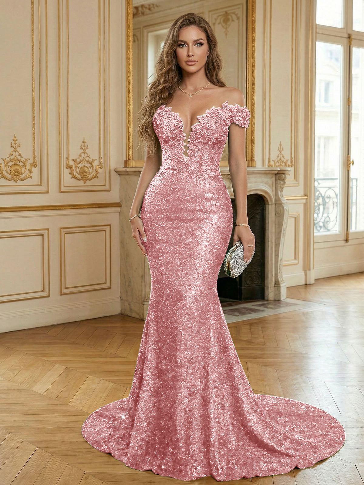 Sparkly Off The Shoulder Sequin Long Mermaid Corset Prom Dresses