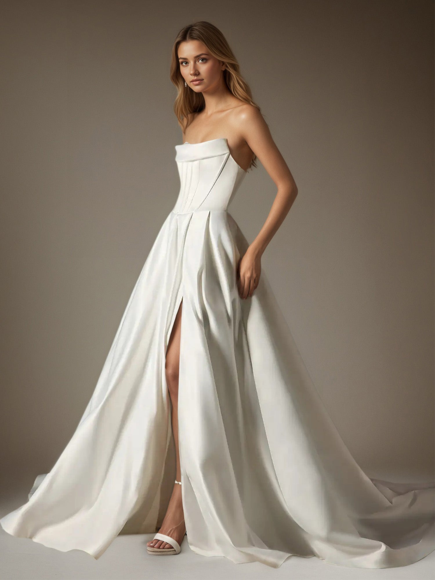 White A-Line Ball-Gown Strapless Satin Wedding Dress