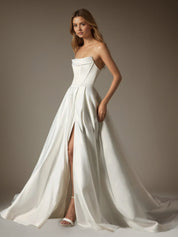 White A-Line Ball-Gown Strapless Satin Wedding Dress