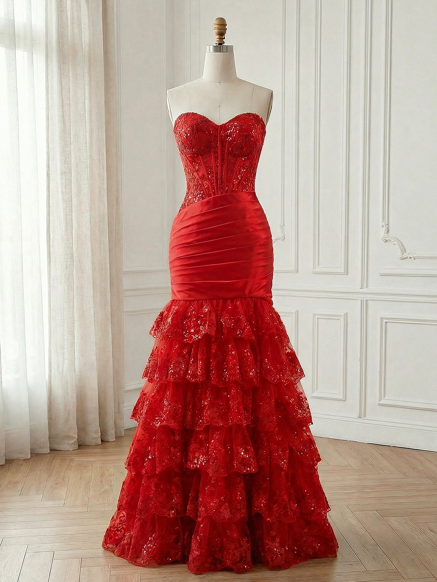 Red Mermaid Strapless Tiered Ruffle Long Satin Prom Dress with Slit