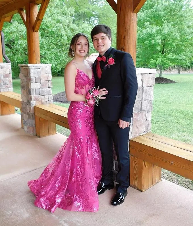 Mermaid Spaghetti Straps Sparkly Sequin Lace Applique Long Prom Dress