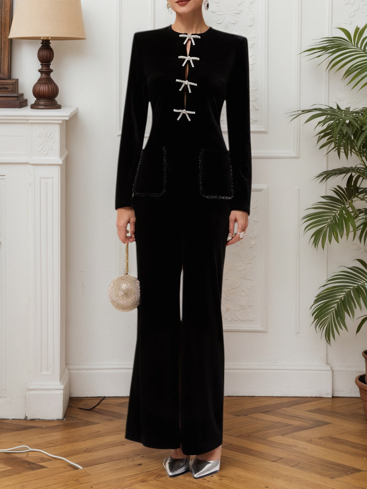 Black Bow Rhinestone Velvet Crew Neck Long Sleeve Sheath Maxi Dress