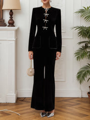 Black Bow Rhinestone Velvet Crew Neck Long Sleeve Sheath Maxi Dress