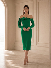 Off-the-Shoulder Navy Blue Crepe Evening Dresses with 3D Floral Applique Sleeve